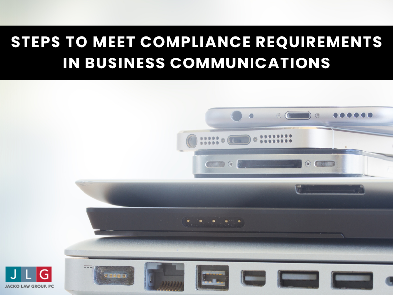 Stack of laptops and mobile devices with a title banner | Jacko Law Group, PC