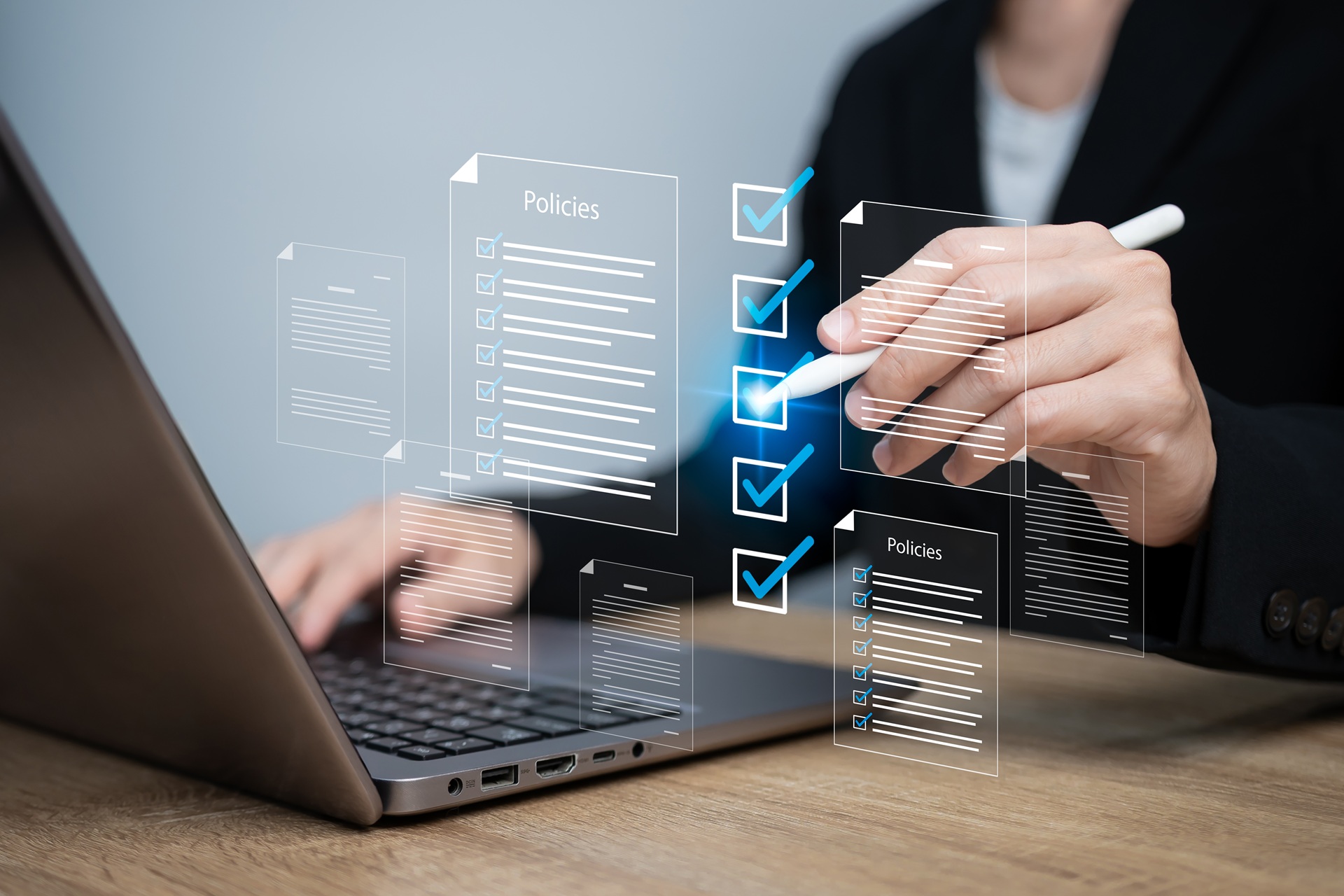 A woman in a black business outfit checking boxes on a floating digital form using a pen.