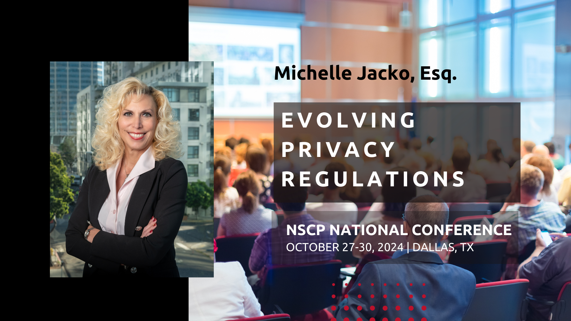 A promotional graphic featuring Michelle Jacko for the NSCP | Jacko Law Group, PC