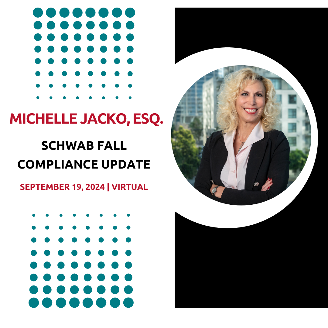 Graphic promoting a virtual compliance update by Michelle Jacko, Esq. | Jacko Law Group, PC