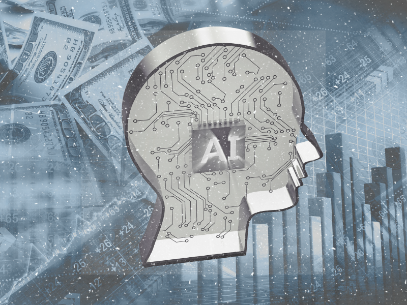 AI head silhouette with circuits, financial symbols, and charts | Jacko Law Group, PC