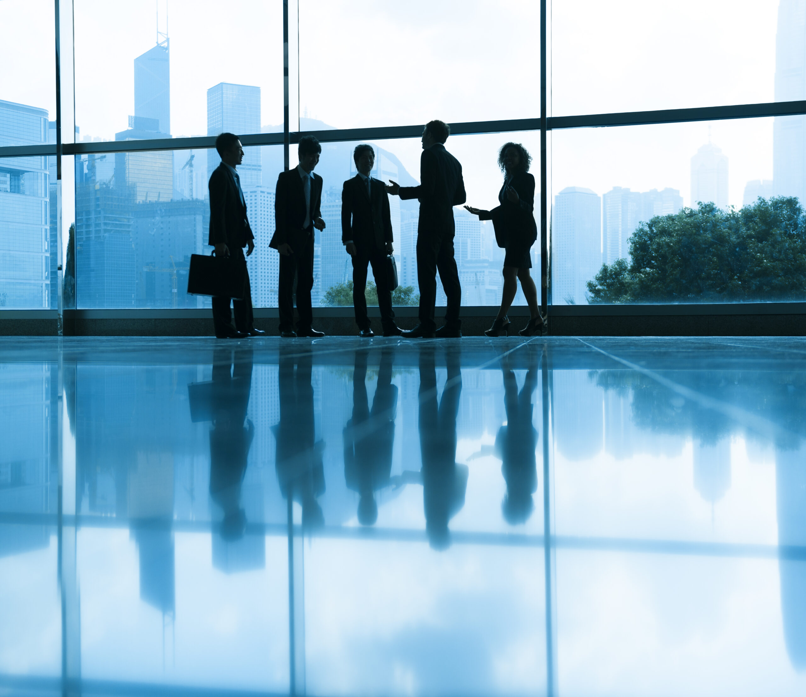 Silhouetted business professionals conversing by a window | Jacko Law Group, PC